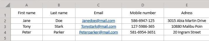 excel table